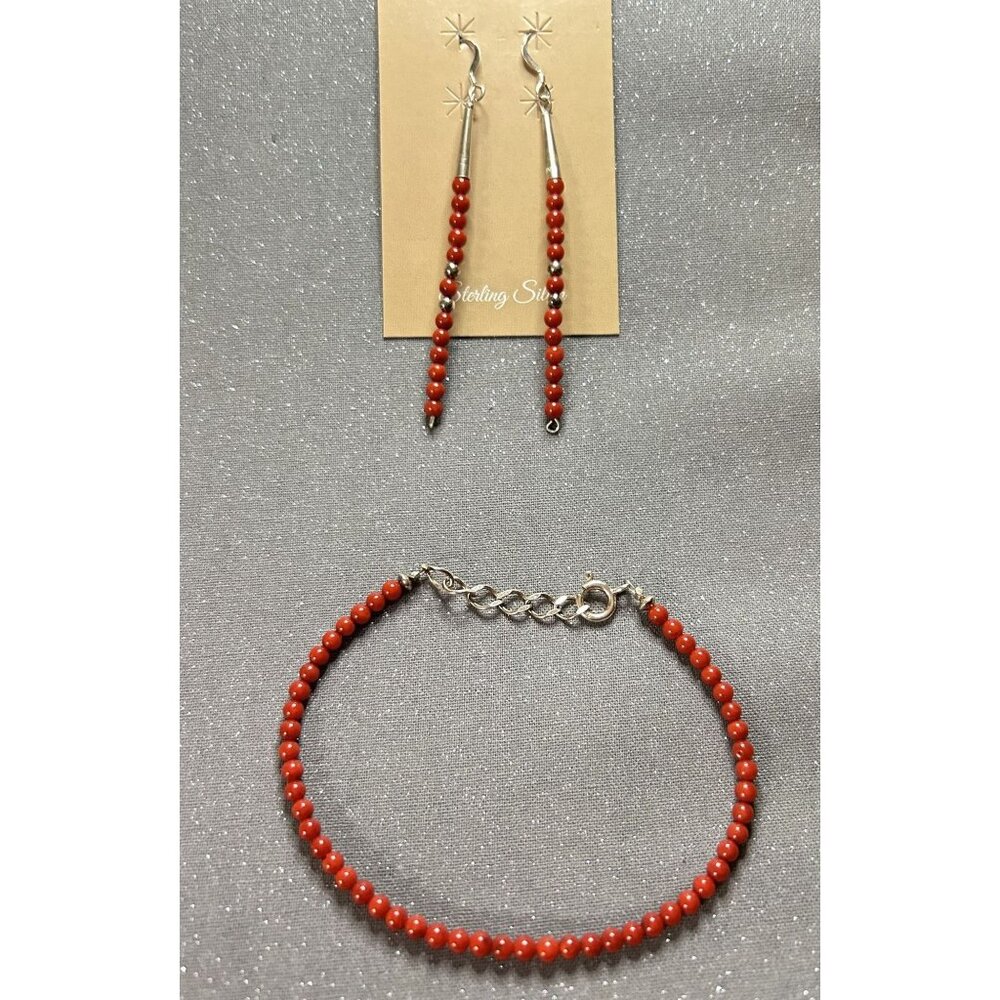 Red Coral Bracelet & Earring Set Fine Jewelry 925 Silver Trendy & Stylish